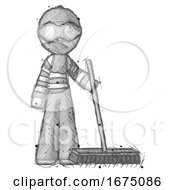 Sketch Thief Man Standing With Industrial Broom