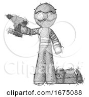 Poster, Art Print Of Sketch Thief Man Holding Drill Ready To Work Toolchest And Tools To Right