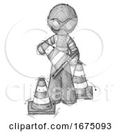 Sketch Thief Man Holding A Traffic Cone