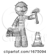 Poster, Art Print Of Sketch Thief Man Under Construction Concept Traffic Cone And Tools