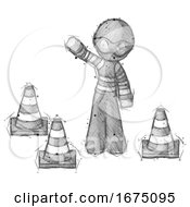 Sketch Thief Man Standing By Traffic Cones Waving