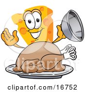Poster, Art Print Of Wedge Of Orange Swiss Cheese Mascot Cartoon Character Serving A Thanksgiving Turkey On A Platter