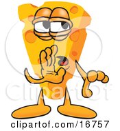 Poster, Art Print Of Wedge Of Orange Swiss Cheese Mascot Cartoon Character Whispering A Secret