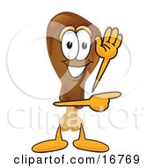 Chicken Drumstick Mascot Cartoon Character Waving And Pointing