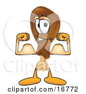 Clipart Picture Of A Chicken Drumstick Mascot Cartoon Character Flexing His Arm Muscles