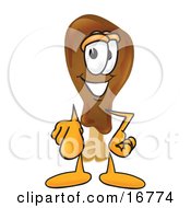 Clipart Picture Of A Chicken Drumstick Mascot Cartoon Character Pointing At The Viewer by Toons4Biz
