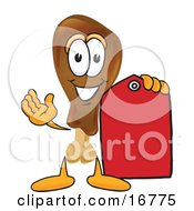 Chicken Drumstick Mascot Cartoon Character Holding A Red Sales Price Tag