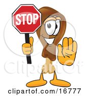 Clipart Picture Of A Chicken Drumstick Mascot Cartoon Character Holding A Stop Sign by Toons4Biz
