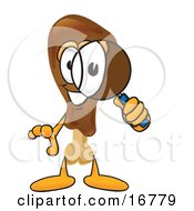 Chicken Drumstick Mascot Cartoon Character Looking Through A Magnifying Glass by Toons4Biz