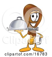 Chicken Drumstick Mascot Cartoon Character Dressed As A Waiter And Holding A Serving Platter by Toons4Biz