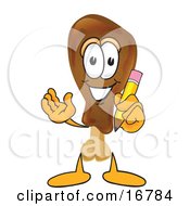 Chicken Drumstick Mascot Cartoon Character Holding A Pencil
