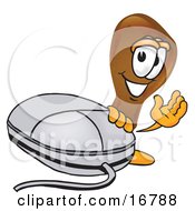 Clipart Picture Of A Chicken Drumstick Mascot Cartoon Character With A Computer Mouse by Toons4Biz