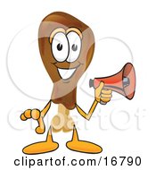 Clipart Picture Of A Chicken Drumstick Mascot Cartoon Character Holding A Megaphone by Toons4Biz