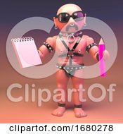 3d Cartoon Gay Leather Fetish Man Holding A Notepad And Pink Pencil LGBT 3d Illustration