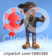 Poster, Art Print Of 3d Cartoon Black Hiphop Rapper Emcee In Baseball Cap Holding A Piece Of A Jigsaw Puzzle 3d Illustration
