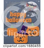 Poster, Art Print Of Happy Halloween Vampire Bat Pumpkin Background