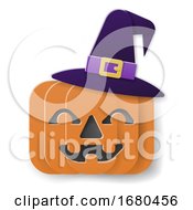 Poster, Art Print Of Halloween Witch Hat Pumpkin In Paper Craft Style