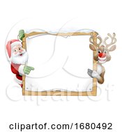 Poster, Art Print Of Santa Claus And Reindeer Christmas Sign Cartoon