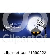 Poster, Art Print Of Halloween Banner With Spooky Pumpkin Against Moonlit Sky