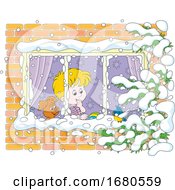 Poster, Art Print Of Boy And Puppy Dog In A Winter Window