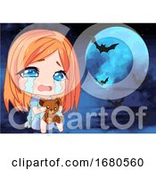 Crying Manga Girl Under A Full Halloween Moon And Bats