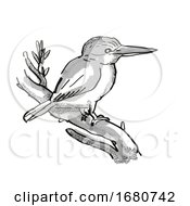 Kingfisher New Zealand Bird Cartoon Retro Drawing