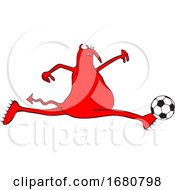 Poster, Art Print Of Cartoon Red Devil Playing Soccer