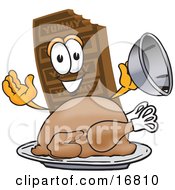 Chocolate Candy Bar Mascot Cartoon Character Serving A Thanksgiving Turkey On A Platter