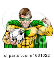 Poster, Art Print Of Superhero Holding Soccer Ball Sports Mascot