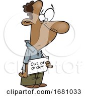 Poster, Art Print Of Cartoon Man Holding An Out Of Order Sign