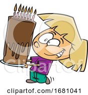 Cartoon Girl Carrying A Tall Birthday Cake