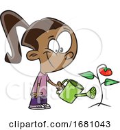 Cartoon Girl Watering A Tomato Plant