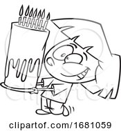 Cartoon Outline Girl Carrying A Tall Birthday Cake