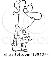 Cartoon Outline Man Holding An Out Of Order Sign