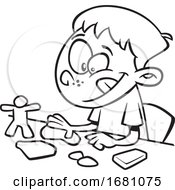 Poster, Art Print Of Cartoon Lineart Boy Playing With Playdough