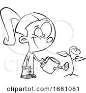 Cartoon Outline Girl Watering A Tomato Plant