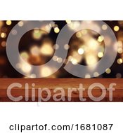 Poster, Art Print Of 3d Christmas Background With Wooden Table Against Defocussed Bokeh Lights