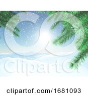 3D Winter Landscape With Christmas Tree Branches