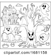 Poster, Art Print Of Creepy Tree And Ghosts By A Haunted House
