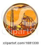 Poster, Art Print Of Oil Well With Pump Jack Circle Icon Retro