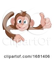 Poster, Art Print Of Monkey Cartoon Animal Pointing Thumbs Up Sign