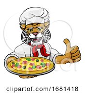 Poster, Art Print Of Wildcat Pizza Chef Cartoon Restaurant Mascot Sign