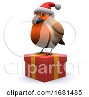 3d Robin Sits On A Christmas Gift
