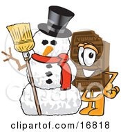Poster, Art Print Of Chocolate Candy Bar Mascot Cartoon Character With A Snowman On Christmas