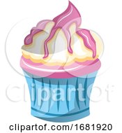 Pink Cupcake With White Icing And Syrup