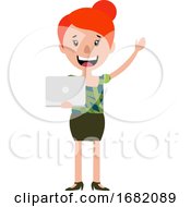 Happy Woman Waving And Holding A Laptop