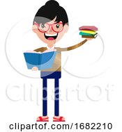 Cheerful Cartoon Young Woman Holding Some Books