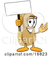 Poster, Art Print Of Scrub Brush Mascot Cartoon Character Waving A Blank White Advertising Sign