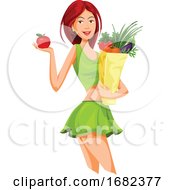 Poster, Art Print Of Beautiful Woman Holding An Apple And Grocery Bag Full Of Vegetables