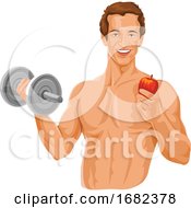 Poster, Art Print Of Fit Man Holding Dumbbell And An Apple